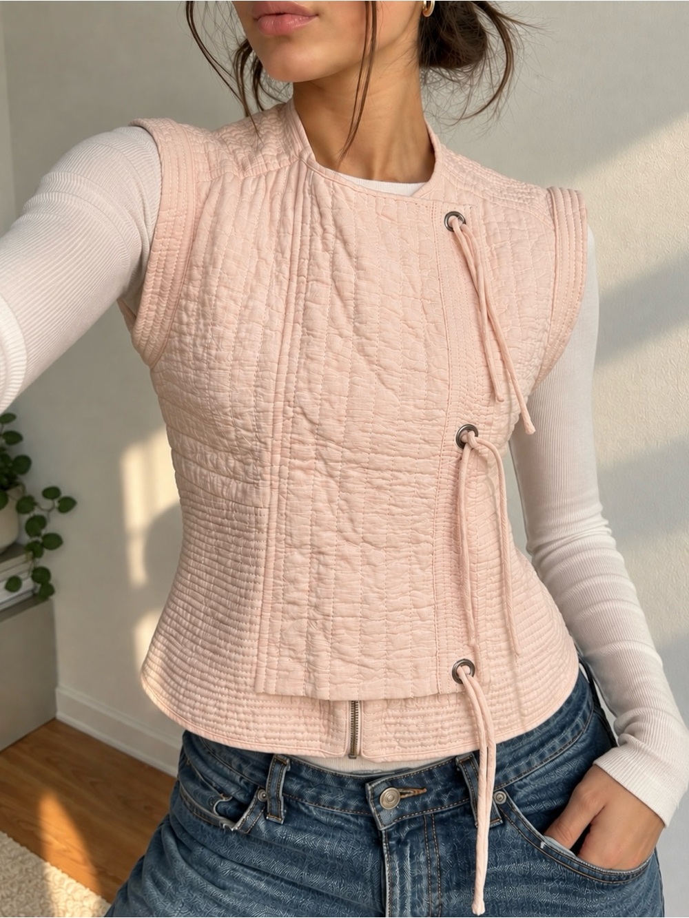 BCBGMAXAZRIA Runway XS Light Peach Quilted Wrap Vest Grommet Tie Cotton